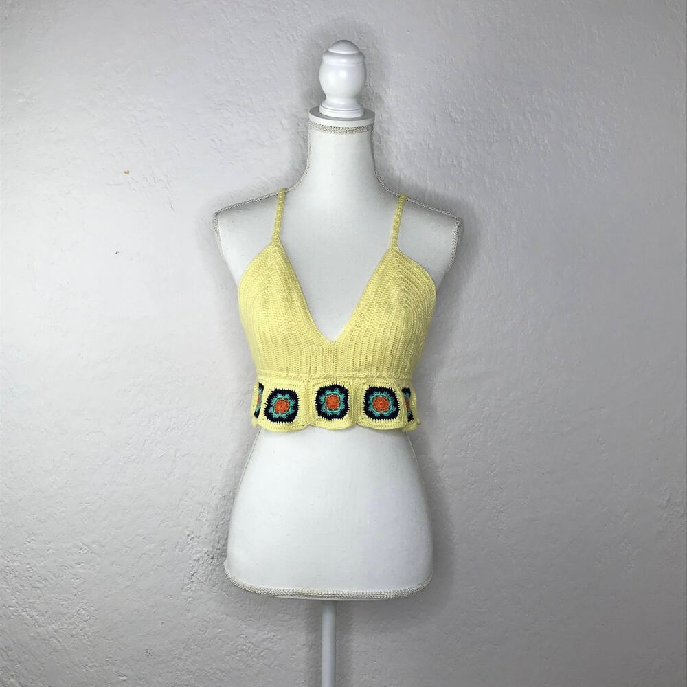 May & July Women's Boho Festival Yellow Crochet Crop Bra‎ Top Size Large